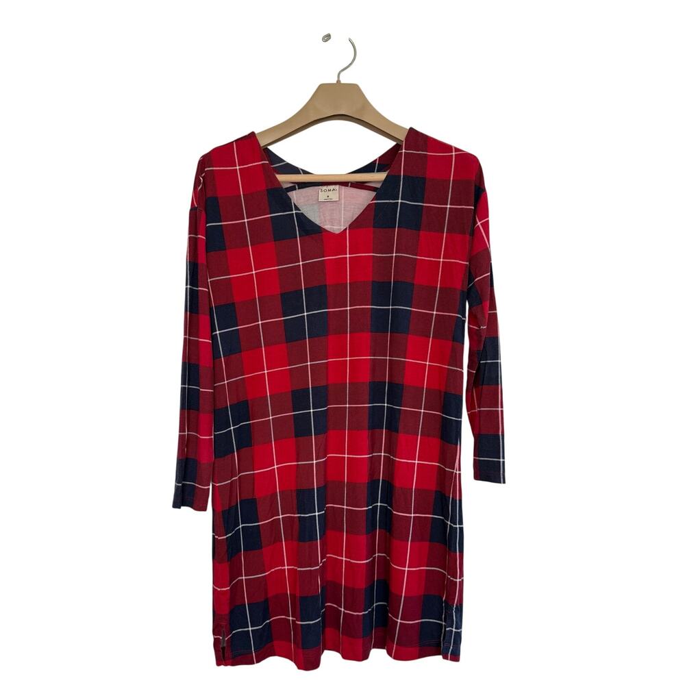 Soma Cool Nights Blanket Plaid Sleepshirt Red Blue Size SMALL Long Sleeve
